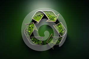 3D recycle symbol with green leaves pattern isolated on the dark green background. Ecology and environmental protection