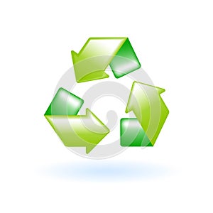3D Recycling Symbol Recycle Sign Icon. Eco Sustainability Environment Concept. Glossy Glass Plastic Green Color. Cute Realistic