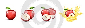 3d red apple fruit in juice splash. Isolated half and whole, slice with leaf for fresh beverage label, delicious water