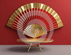 3d red background gold fan, round table, minimalist background, simple brushwork, minimalist