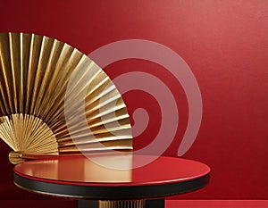 3d red background gold fan, round table, minimalist background, simple brushwork, minimalist