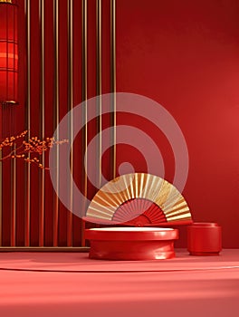 3d red background gold fan, round table, minimalist background, simple brushwork, minimalist stage design AI Generated