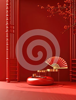 3d red background gold fan, round table, minimalist background, simple brushwork, minimalist stage design AI Generated