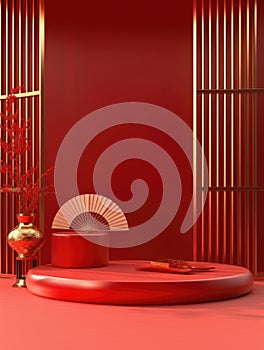 3d red background gold fan, round table, minimalist background, simple brushwork, minimalist stage design AI Generated