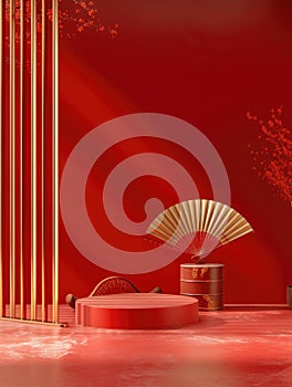 3d red background gold fan, round table, minimalist background, simple brushwork, minimalist stage design AI Generated