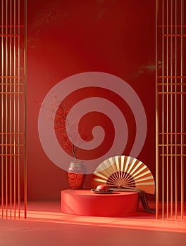 3d red background gold fan, round table, minimalist background, simple brushwork, minimalist stage design AI Generated