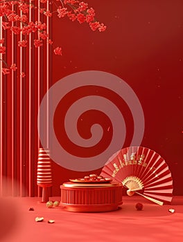 3d red background gold fan, round table, minimalist background, simple brushwork, minimalist stage design AI Generated