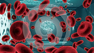 3D red blood cells floating over screens of medical scans