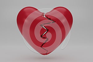 3D Red broken heart isolated in white background. Red heartbreak. Relationship breakup problem, Disappointed in love concept