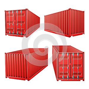 3D Red Cargo Container Vector. Classic Cargo Container. Freight Shipping Concept. Logistics, Transportation Mock Up