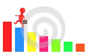 3d red character holding a briefcase and wallking on the top of a increasng statitics bar graph