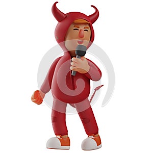 3D Red Devil Cartoon Illustration holding a microphone