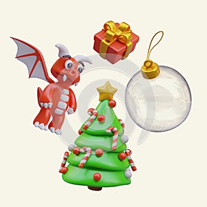 3D red dragon, decorated Christmas tree, gift, giant empty transparent ball