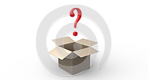 3D red exlamation question mark cardboard yellow open box