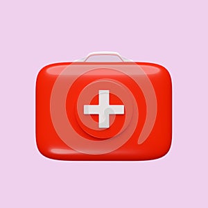 3d red first aid kit icon isolated on pink background. 3d render illustration