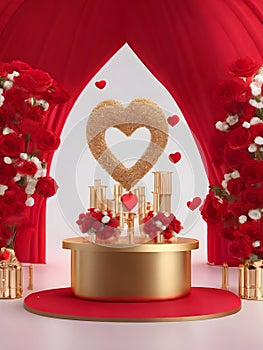 3D Red floral Valentine stage display with gold cylinder podium gift boxes.