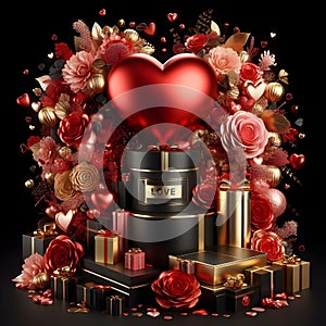 3D Red floral Valentine stage display with gold cylinder podium gift boxes.