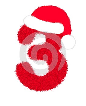 3D â€œRed fur feather character Numberâ€ creative decorative with Christmas hat, Number 3 isolated in white background.