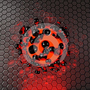 3d red glowing ball of liquid and metallic elements against a hexagon background