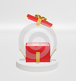 3d red and golden ribbon empty open gift box on white podium and studio background.illustration rendering design realistic