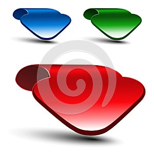 3d red, green and blue arrow on white background. Simple arrow buttons. Web link or pointer. Symbol of next, read more, play, go