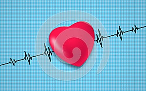 3D Red Heart With Cardiogram Heartbeat Line On Blue Medical background. Heartcare and Health Concept