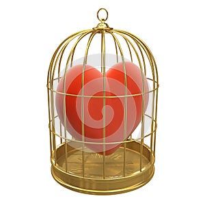 3d Red heart in a golden birdcage