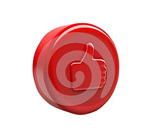 3d red like button with thumb up isolated on white