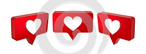 3D red like icon with a heart. Notification on social media. Vector illustration set.