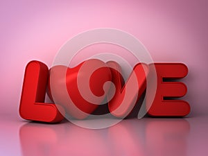 3d red love word concept with heart on pink background with shadow and reflection