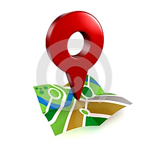 3d red map pin sign location icon with city map on white background. 3d render illustration.
