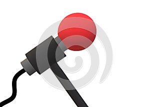 A 3D red microphone with grey handle and black wiring cable stand white backdrop