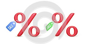 3D red percentage icon with blue and green price tag