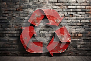 3D red recycle symbol on the grey brick wall background. Ecology and environmental protection concept. Mockup, copy
