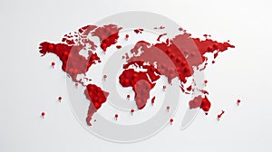 a 3D red world map on a white background, highlighting the depth and dimensionality of continents