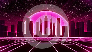 3D Reddish Pink Neon Retro Synthwave City VJ Loop Motion Background