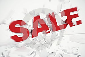 3D Rednering Sale fallen word. 3D red sale word isolated over white background with crack earth.