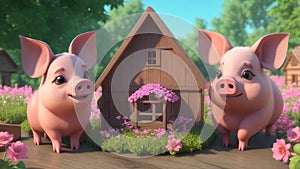 3D render, 3 little pigs in front of wooden house with flowers