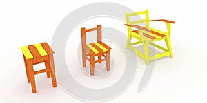 3d render, 3d illustration, the evolution of a wooden stool.