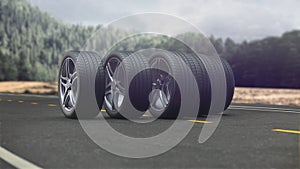 3d render 4 car wheels driving on the road