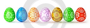 3D render of 7 folk multicolored easter eggs