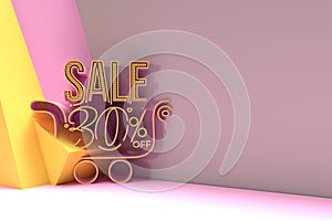 3D Render Abstract 30% Sale OFF with Shopping Cart Discount Banner 3D Illustration