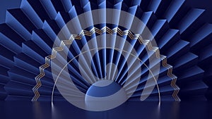 3d render, abstract art deco blue background with folded fan and golden lines. Empty festive stage, shop display, showcase for