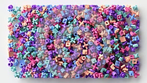3d render, abstract background, assorted geometric elements, multicolored puzzle toys