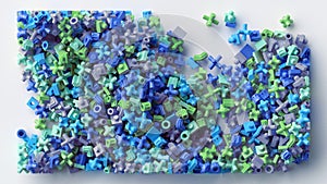 3d render, abstract background of assorted green blue particles, plastic geometric elements, childish toys