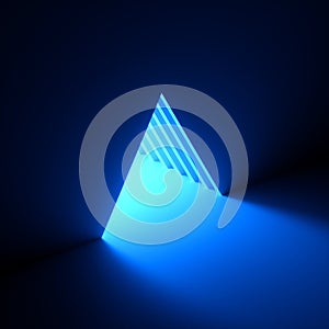 3d render, abstract background, blue neon light going out of the hole in the wall. Triangular window, cave, open door, portal.