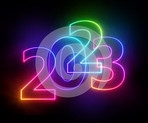 3d render, abstract background with colorful neon numbers. New year 2023
