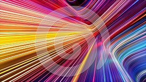 3d render, abstract background with colorful spectrum. Bright pink yellow neon rays and glowing lines.