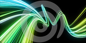 3d render. Abstract background of dynamic emerald green neon lines glowing in the dark. Modern fantastic wallpaper