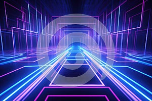 3d render, abstract background with glowing neon lights, tunnel, corridor, 3D render of pink and blue neon lines, geometric shapes